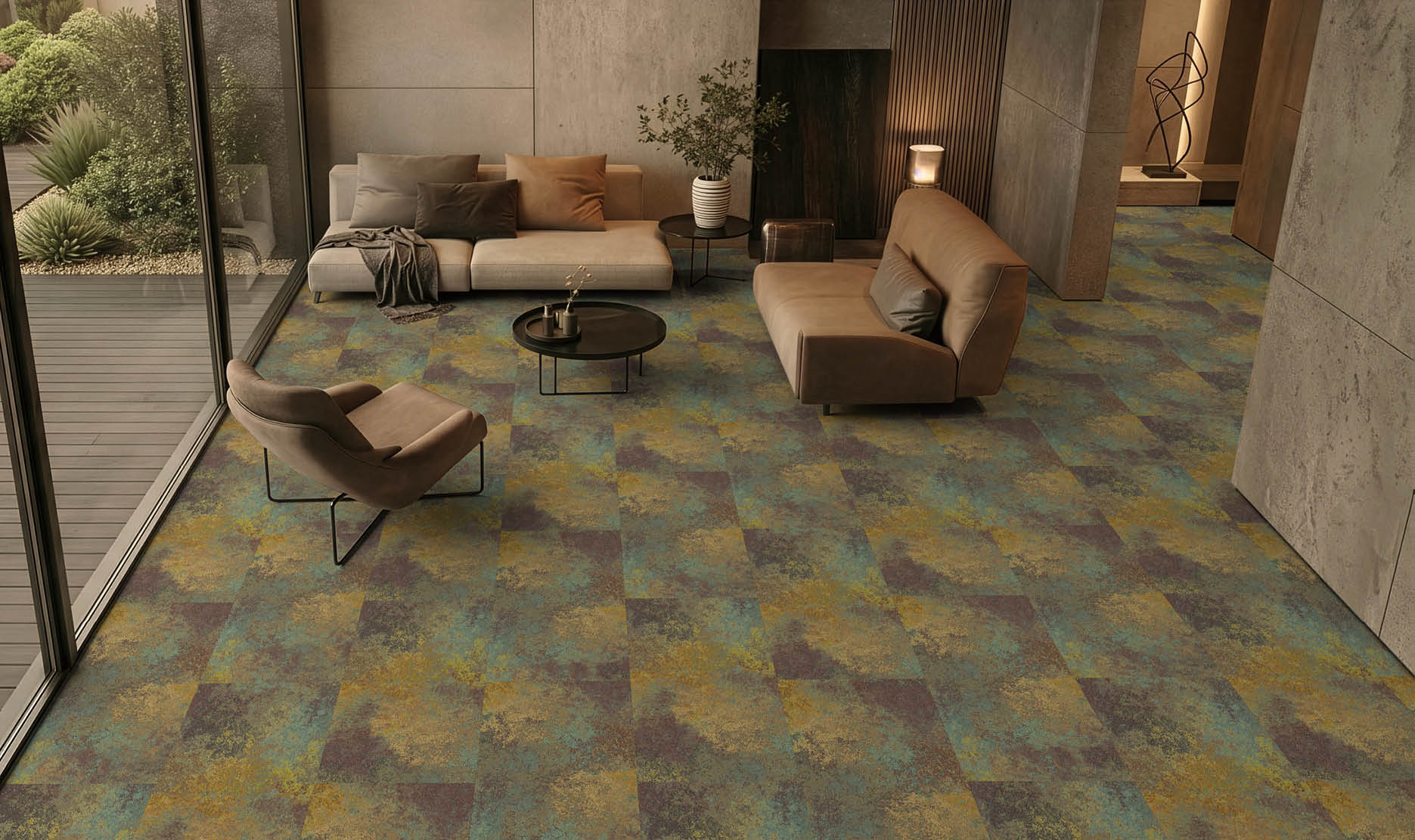 A hallway in a building with a carpeted floor and a row of elevators. AI generated content