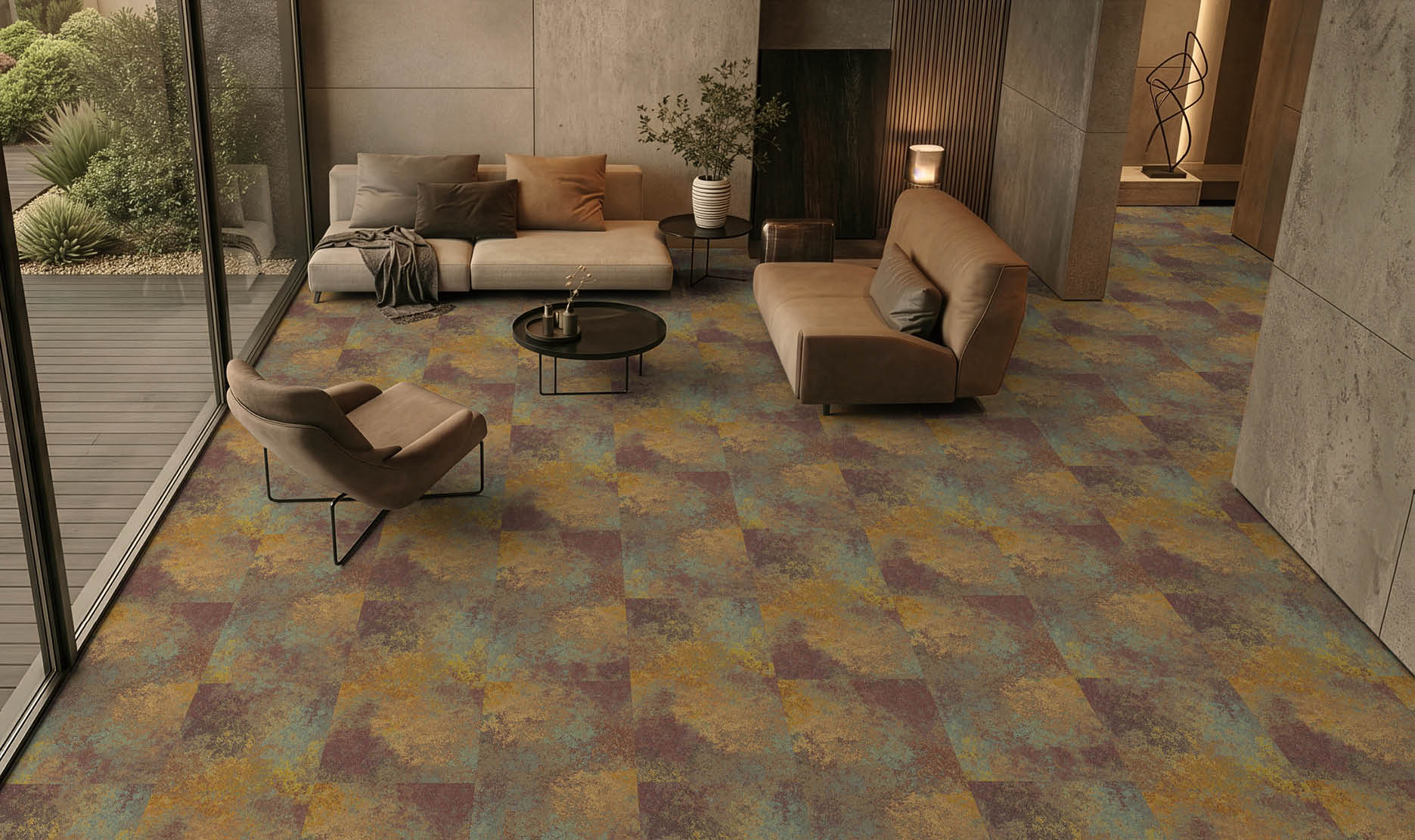 A hallway in a building with a carpeted floor and a row of elevators. AI generated content