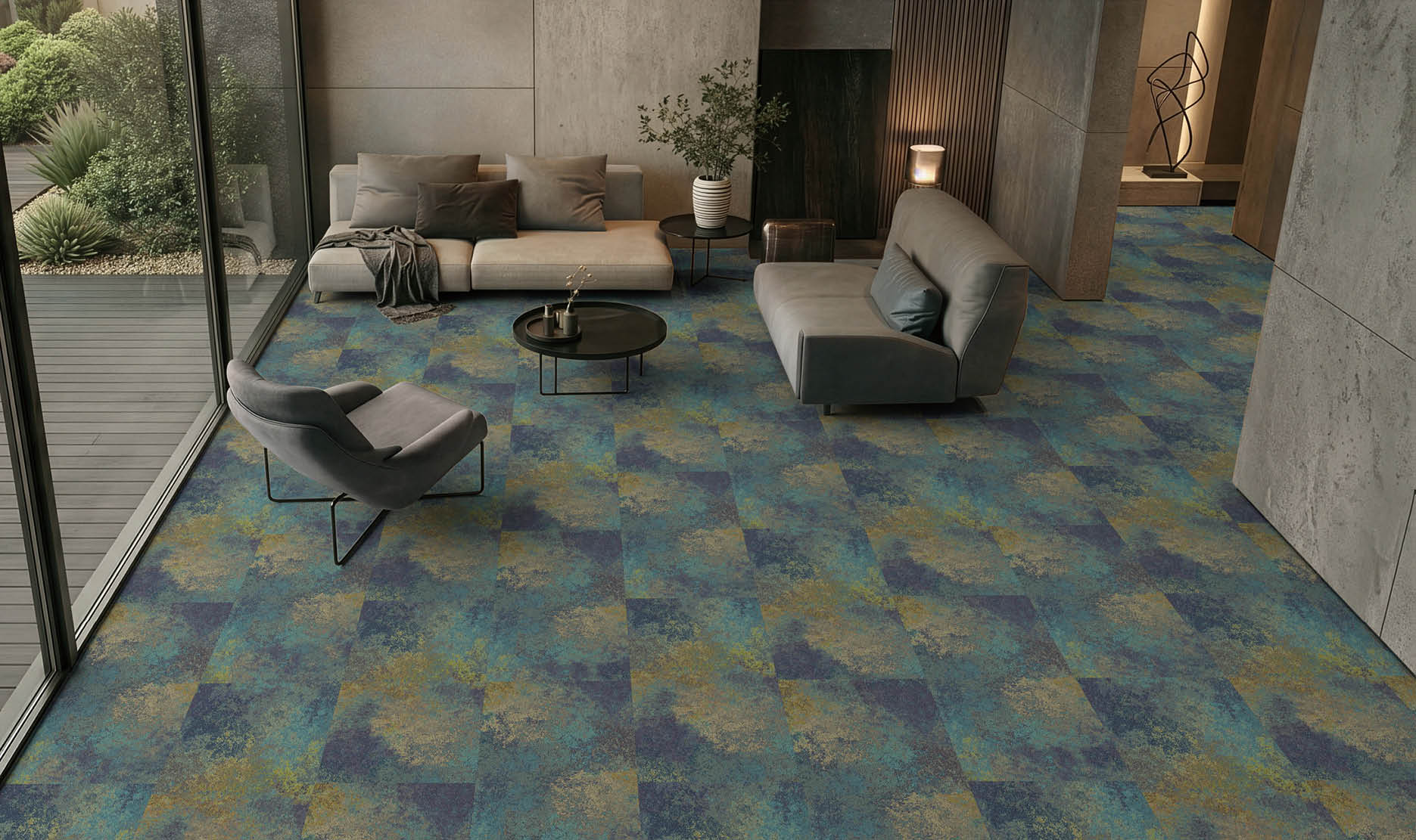 A hallway in a building with a carpeted floor and a row of elevators. AI generated content